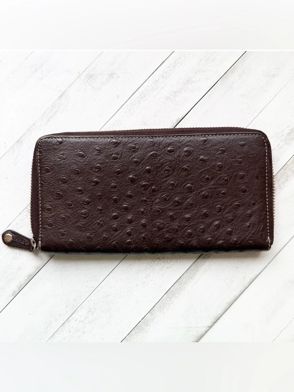 Anne Klein Genuine Ostrich Leather Zip Around Continental Wallet Brown 8